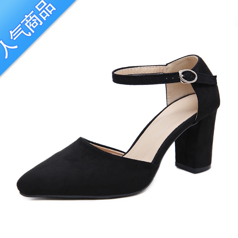 SUNTEK中空鞋学院职业黑色尖头中跟一字扣带高跟粗跟包头凉鞋女小码单鞋高清大图