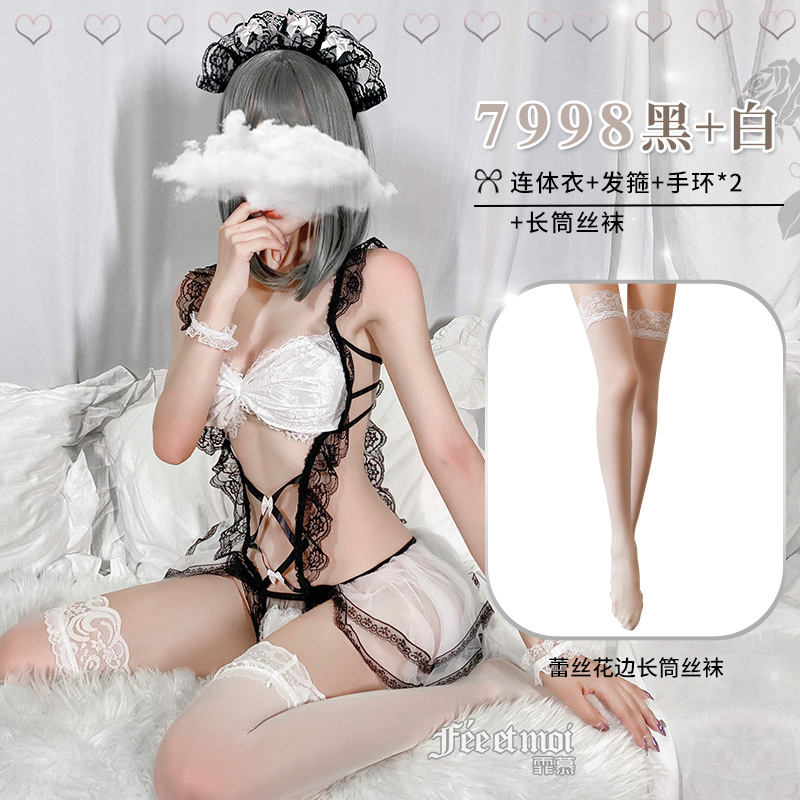 霏慕透视网纱性感情趣内衣蕾丝角色扮演俏皮女佣套装女仆制服女式情趣睡衣7998女士成人用品 7998黑白【开裆连体衣-发箍-手环*2】-7204黑网袜