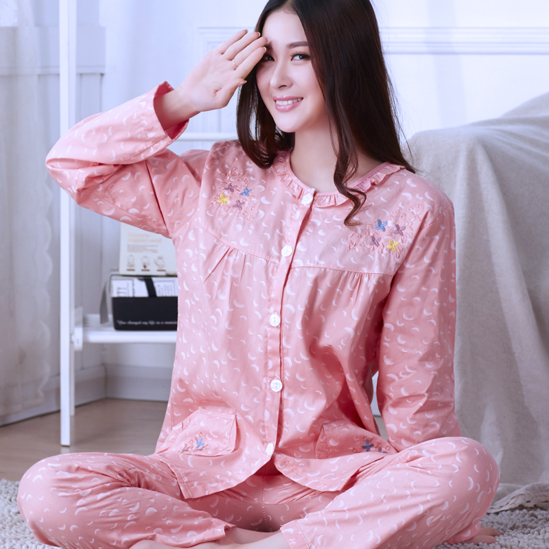 睡衣女士春秋款纯棉全棉长袖套装梭织棉布长裤可爱薄款家居服夏季