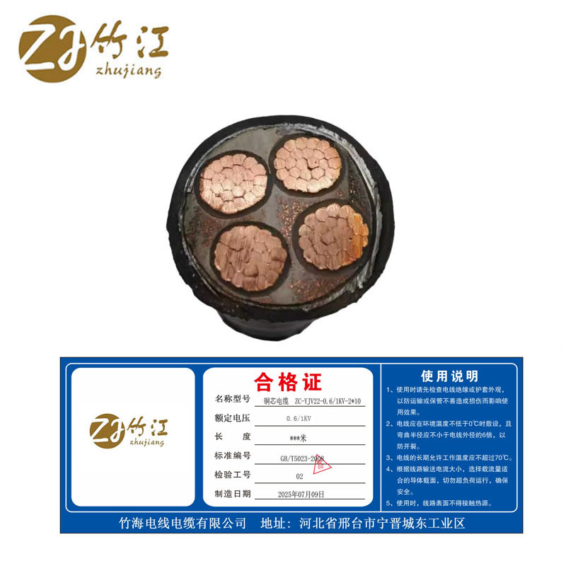 竹江 铜芯电缆 ZC-YJV22-0.6/1KV-2*10 米高清大图