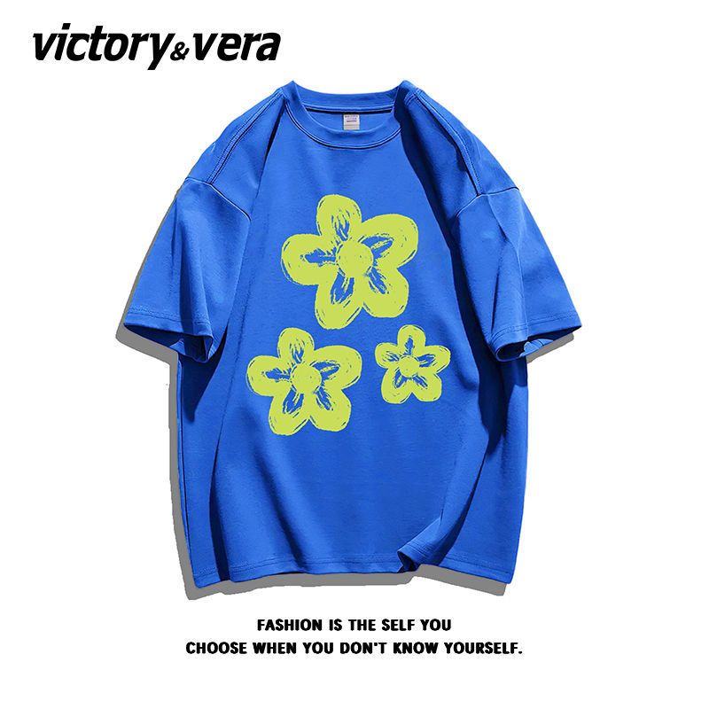 VICTORYVERA设计感花朵印花T恤女ins风盐系纯棉短袖夏季新款上衣
