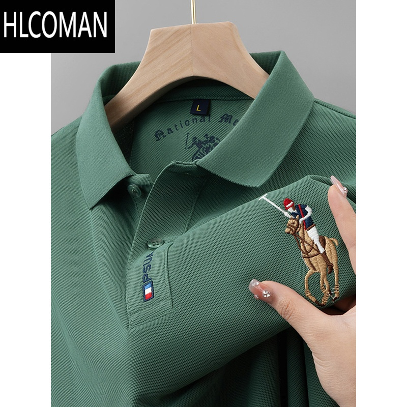 HLCOMAN新款夏季男士短袖t恤po翻领宽松有领刺绣中年上衣潮牌