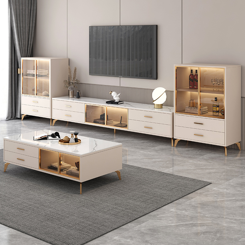 岩板电视柜茶几组合现代简约小户型家用实木客厅轻奢电视机柜地柜12米