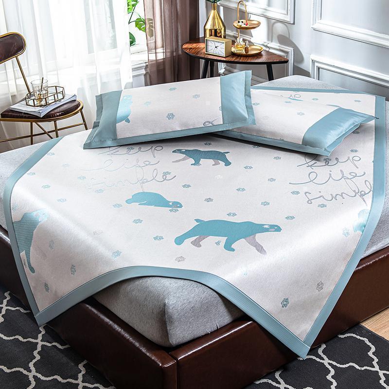 美帮汇冰丝凉席三件套1.8m床夏季席子1.5米可水洗折叠夏凉席1.2空调软席 北极熊-粉兰(升级600D冰丝) 1.2m（4英尺）床