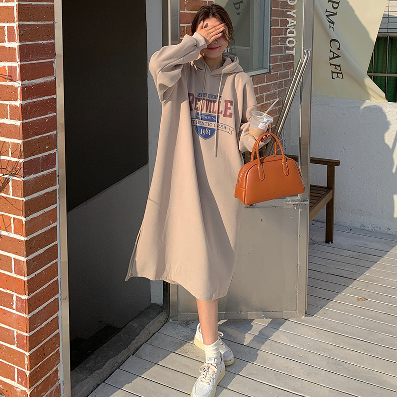 原宿风中长款卫衣女ins韩版条纹长袖连衣裙冬季韩版宽松过膝加绒