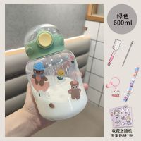 水杯女夏天用大容量防摔高颜值大肚子杯子塑料儿童可爱超萌吸管杯 小O盖绿色[600ml]收藏送贴纸 [30%用户选择]单杯