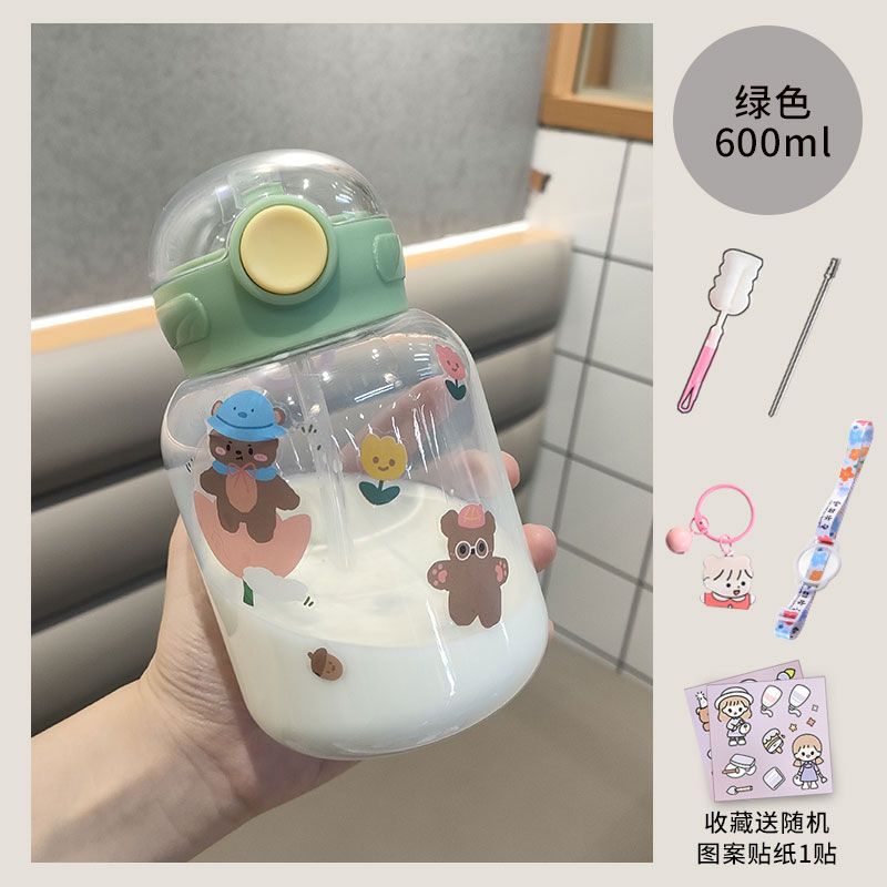 水杯女夏天用大容量防摔高颜值大肚子杯子塑料儿童可爱超萌吸管杯 小O盖绿色[600ml]收藏送贴纸 [30%用户选择]单杯