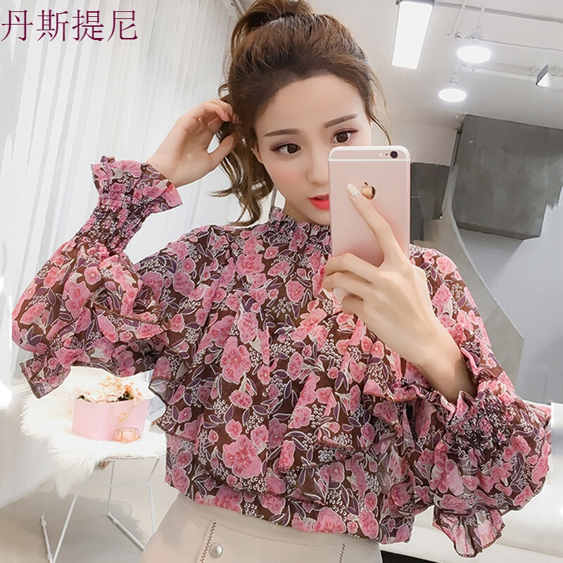 碎花雪纺衫长袖女2018灯笼袖荷叶边衬衫洋气小衫仙百搭上衣