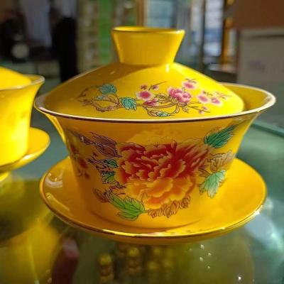 大号精致款彩釉黄临夏特色八宝盖碗茶茶具加厚三炮台碗