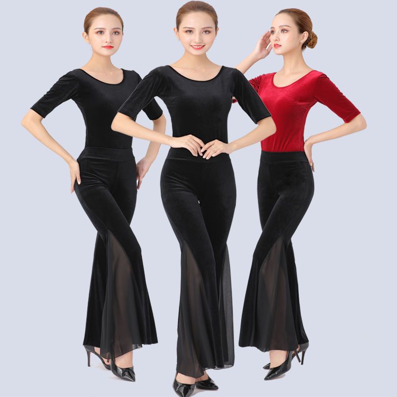 金丝绒秋冬形体礼仪训练服套装女模特走秀演出服舞蹈服练功服连体黑色