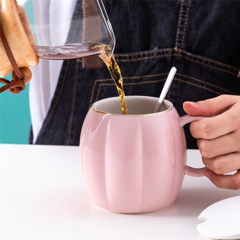 贝瑟斯 描金南瓜陶瓷杯家用喝水杯子女咖啡杯带盖勺陶瓷马克杯