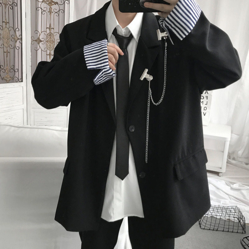 hlcomandk制服暗黑风西装男韩版套装休闲潮流黑色宽松帅气百搭jk班服