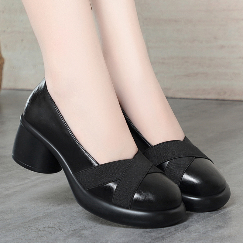 复古圆头高跟鞋交叉带气质玛丽珍鞋女浅口赫本风粗跟单鞋