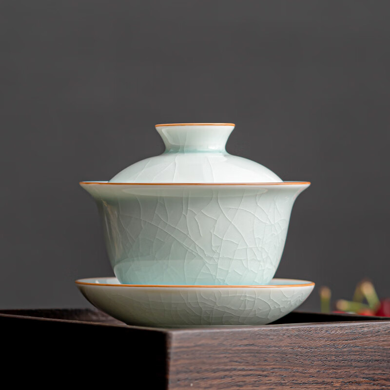 苏氏陶瓷(SUSHI CERAMICS)汝窑卵青 三才盖碗开片可养金线初放功夫茶具泡茶碗_