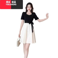 YIBUSHENG假两件短袖方领收腰连衣裙女装2024季新款梨型身材穿搭茶歇裙子