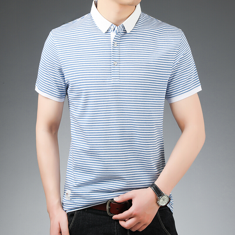 梵克公牛轻奢男装中年男士短袖t恤流大码宽松牌简约百搭有领条纹polo