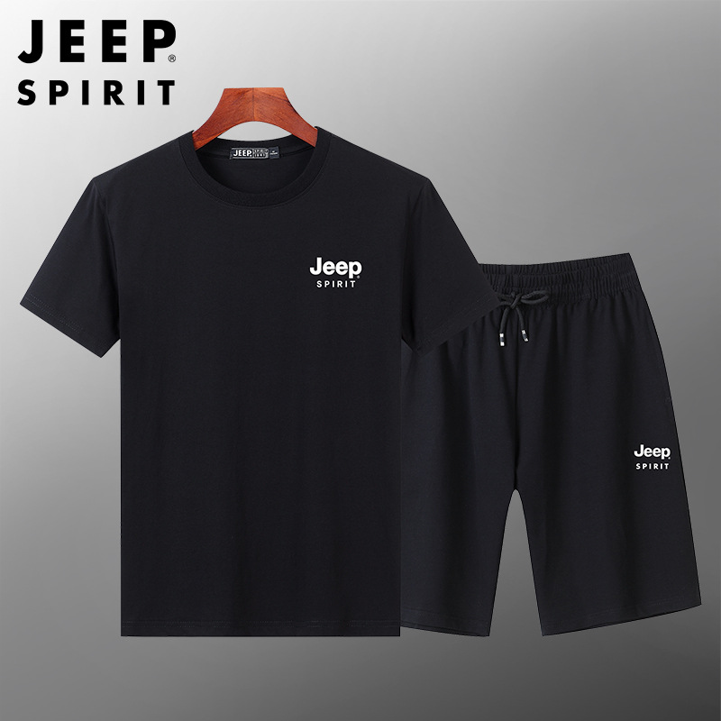 JEEPSPIRIT夏季运动套装男士透气宽松T恤短袖短裤两件套90106157 XL 黑色