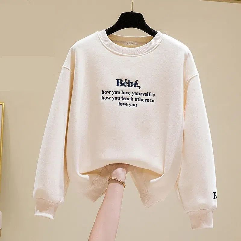 卫衣女秋冬季2023新款韩版学生宽松刺绣加绒加厚无帽长袖上衣外套 2XL建议135-145斤 杏色【春秋薄款】