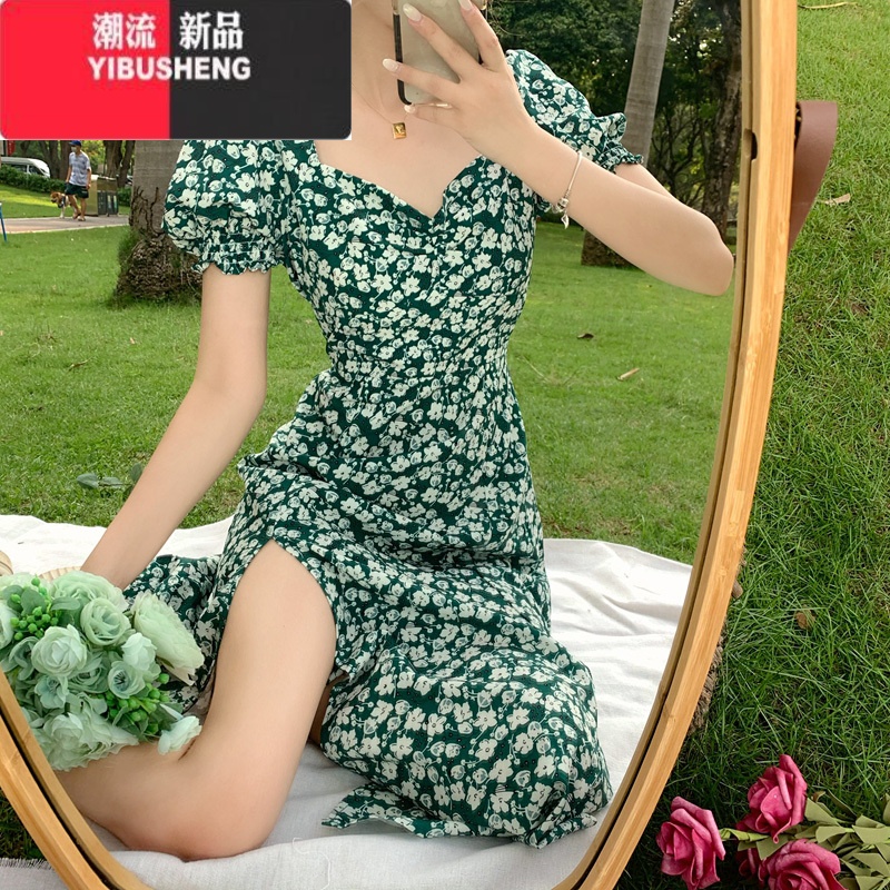 YIBUSHENG法式绿色碎花连衣裙女季新款甜美小清新复古小众茶歇开叉长裙子 绿色 3XL