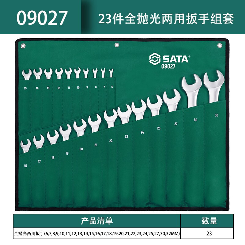 世达(SATA)23件套公制全抛光两用扳手组套(挂袋)09027高清大图