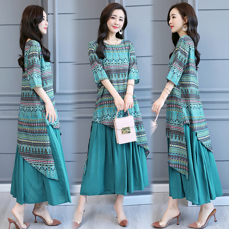 复古风改良拼接印花长裙潮女士夏款民族风新品显瘦棉麻连衣裙