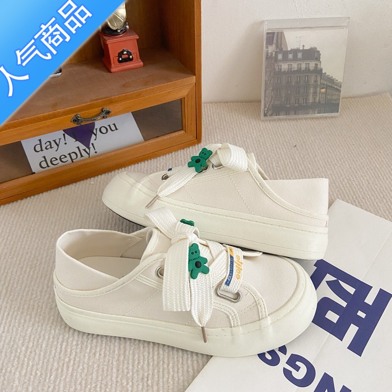 SUNTEK帆布鞋女2023新款夏季薄款透气厚底小白鞋小众休闲踩脚半拖鞋高清大图