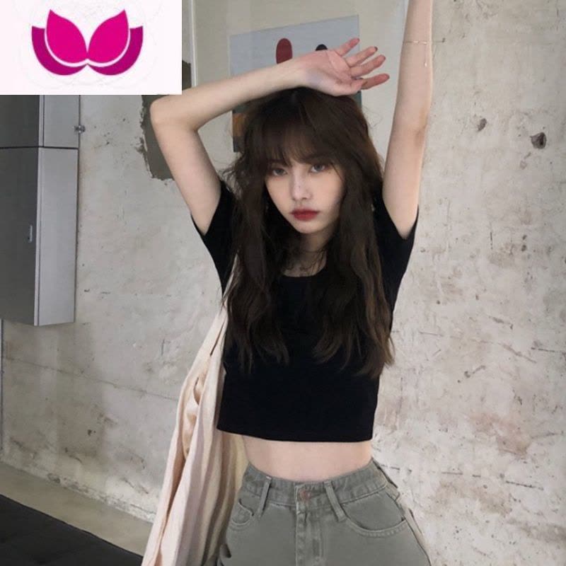 七斓ins方领内搭短款bm打底衫上衣女夏季2022新款黑色百搭修身短袖T恤图片