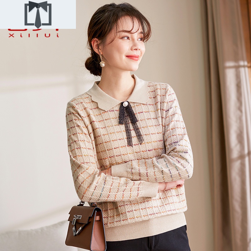 SUNTEK中年女春装针织打底小衫50岁妈妈春季洋气毛衣中老年翻领上衣T恤毛衣