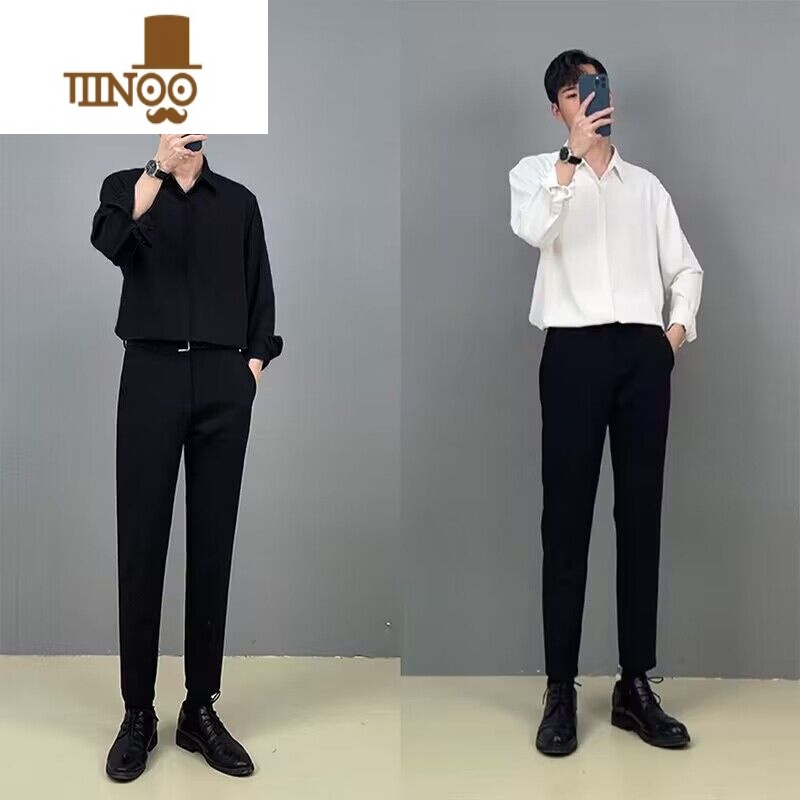 YANXU黑色衬衫男长袖感痞帅潮轻熟风休闲套装痞帅白dk垂感衬黑高清大图