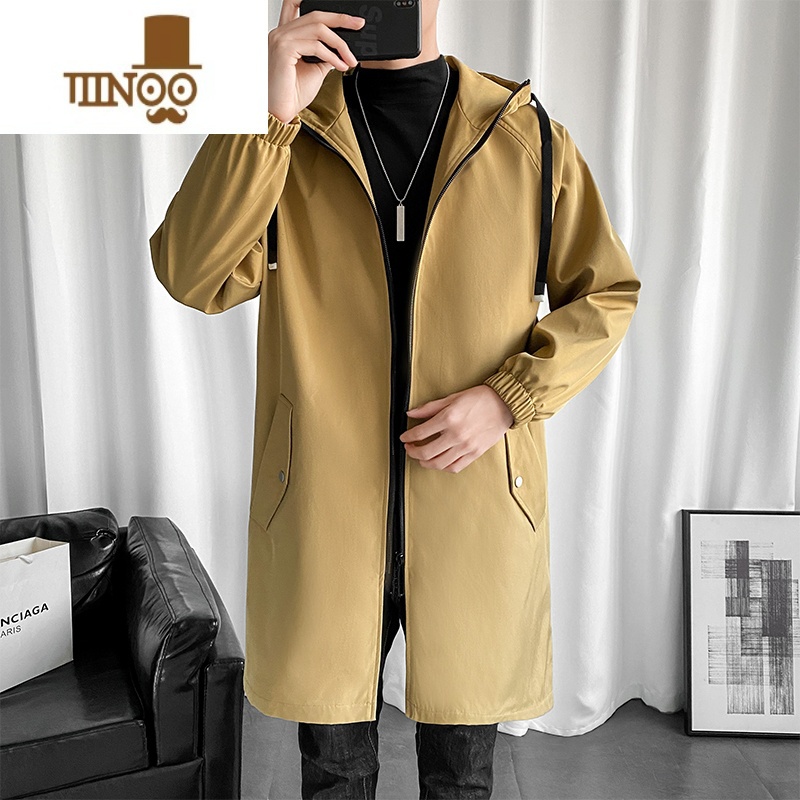 YANXU韩版风衣男士中长款潮牌休闲大衣外套青少年感痞帅连帽高清大图