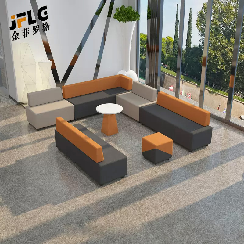 苏宁 金菲罗格 接待沙发组合 1.8米左转角沙发+1米直排+圆茶几+方凳*2高清大图