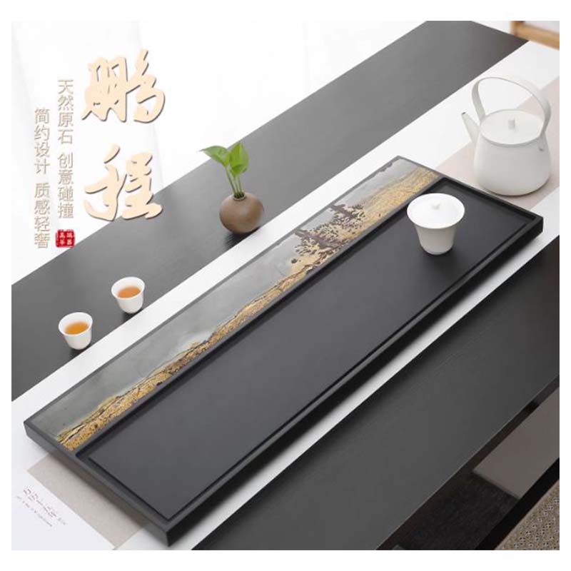 天然乌金石茶盘可排水天然国画石-鵬程50*30*3cm