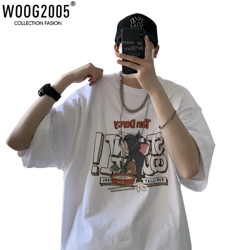 WOOG2005白色短袖男夏季上衣纯棉t恤oversize青少年情侣体恤半袖