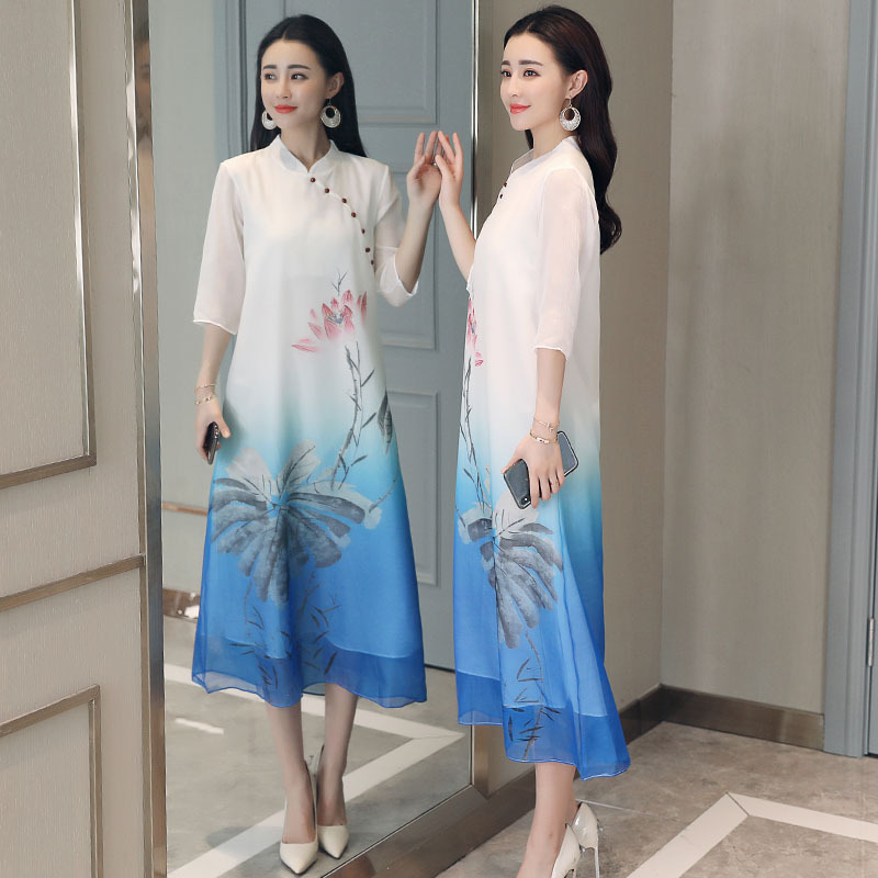 古风连衣裙女夏女士新品水墨印花中国风仙女范气质淑雅长裙子