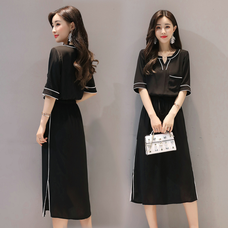 2018夏新款韩版女装v领气质修身中长裙短袖连衣裙时尚修身系带裙