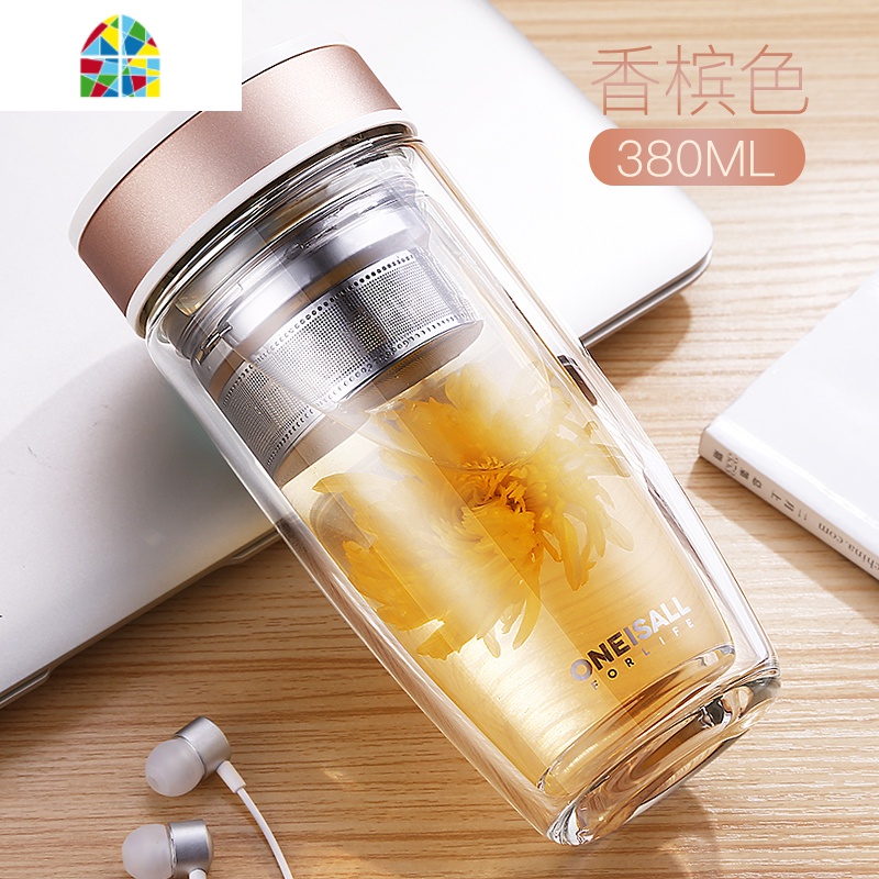 双层玻璃杯办公室茶杯网红透明高颜值水杯女ins便携隔热保温杯子 FENGHOU 香槟色-380ML主图款高清大图