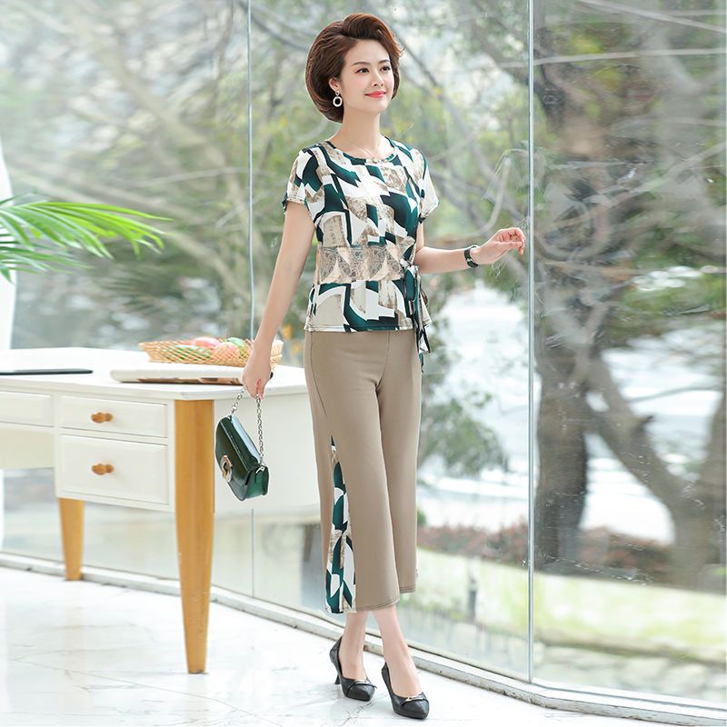 洋气中年妈妈装夏装套装短袖t恤上衣裤子两件套大码中老年女装夏 广赫