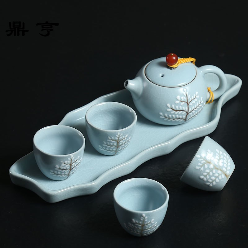 鼎亨陶瓷汝窑茶壶一壶二杯纯手工菩提树整套功夫茶具茶盘套装礼盒
