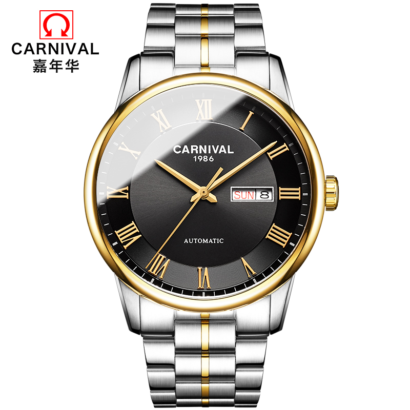 嘉年华Carnival正品男表防水进口机芯全自动机械表 男士手表双日历时尚表钢带潮流休闲简约腕表新款806 间黑钢带（进口机芯）