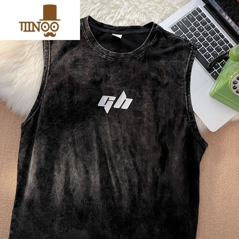 YANXUins高街复古水洗坎肩运动背心男潮牌街头嘻哈宽松hiphop无袖T恤衫图片
