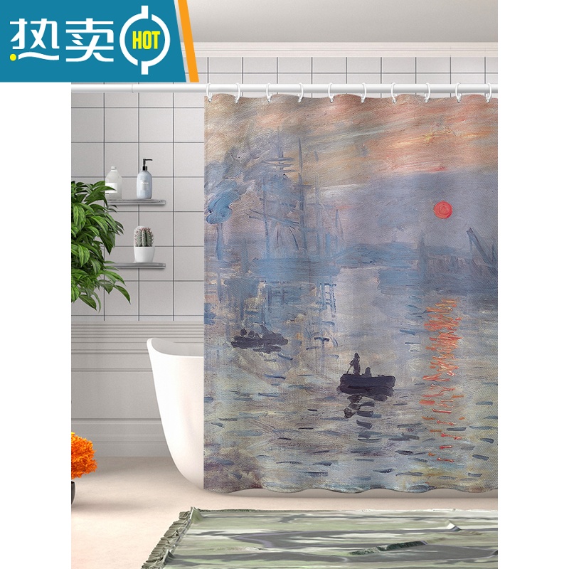 XIANCAI免打孔莫奈油画防水浴帘客厅插画挂帘卫生间隔断浴室淋浴挡水高清大图