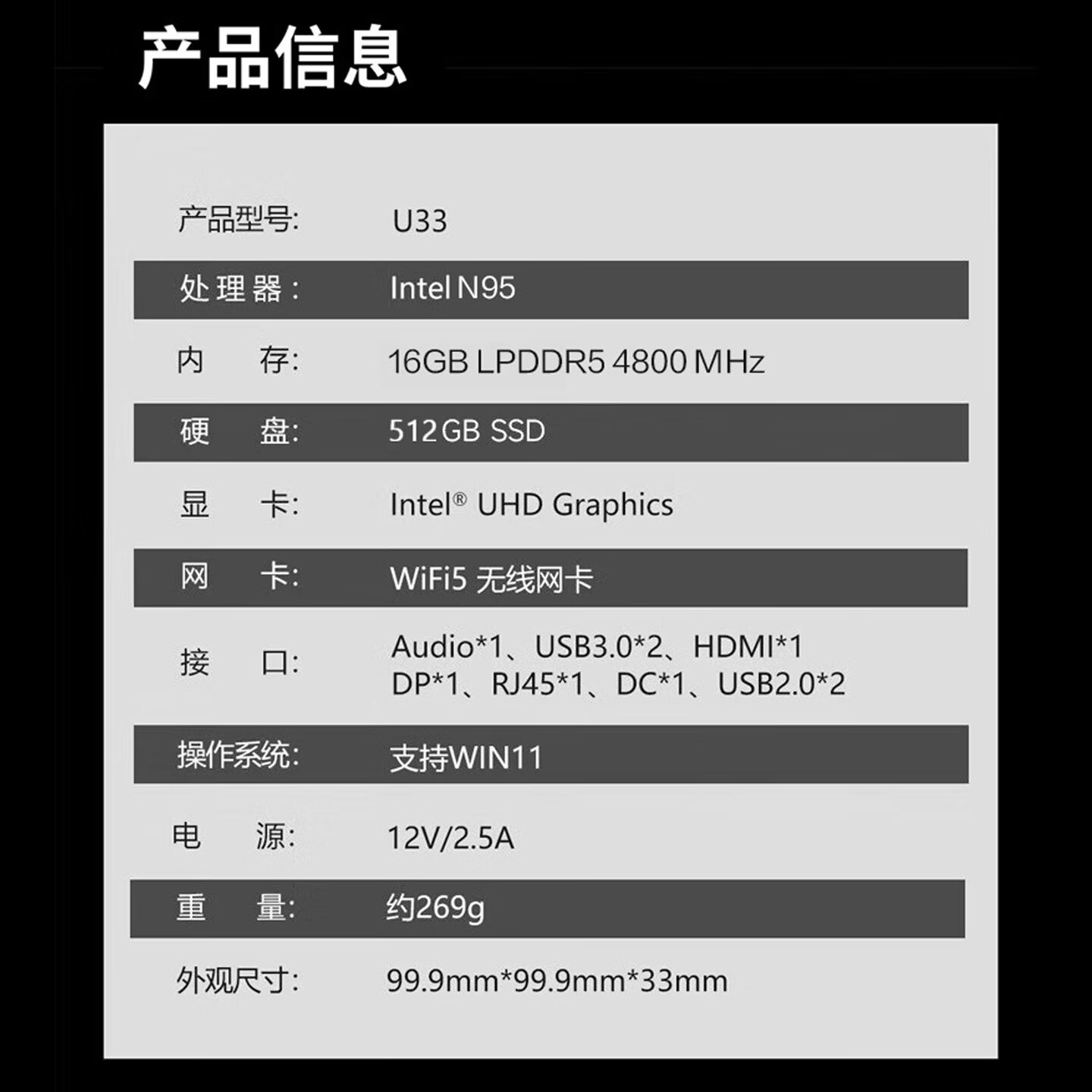 异能者联想生态 U33mini迷你主机台式机商务办公电脑(N95 16G LPDDR5 512G SSD)WIFI5高清大图