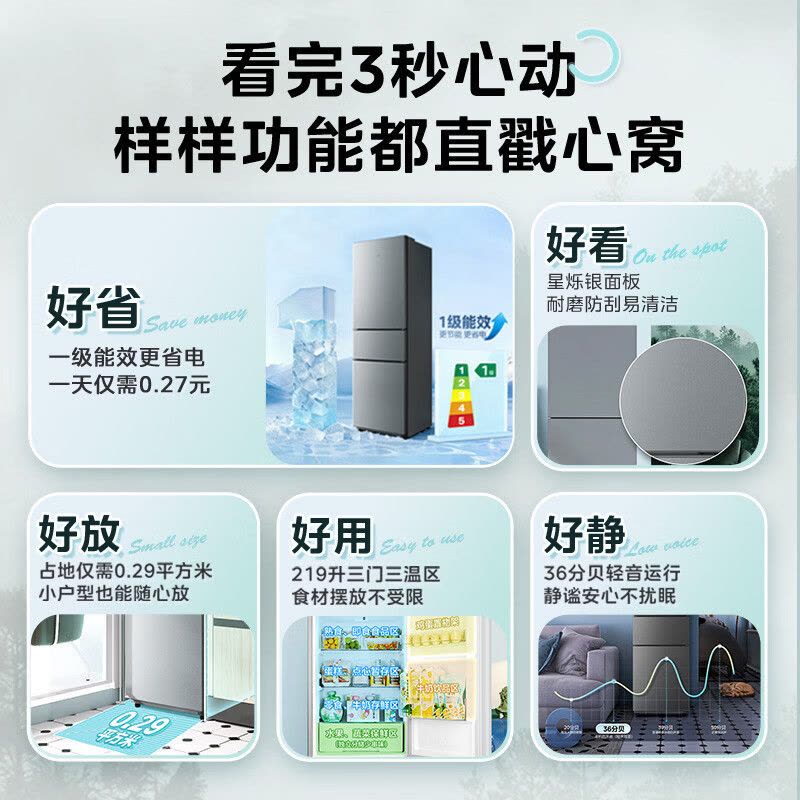 华凌(WAHIN) 219升三门冰箱 HR-228T 星烁银直冷节能手动除霜独立式设计图片
