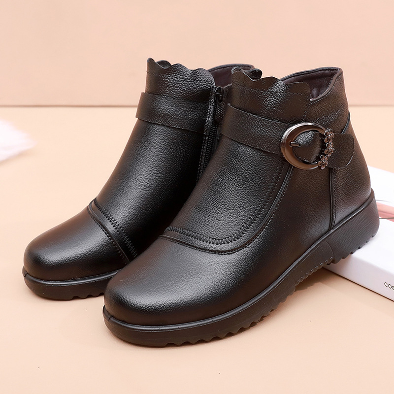 秋季新款真皮妈妈棉鞋软底防滑加厚舒适中老年女棉鞋厂家直销高清大图