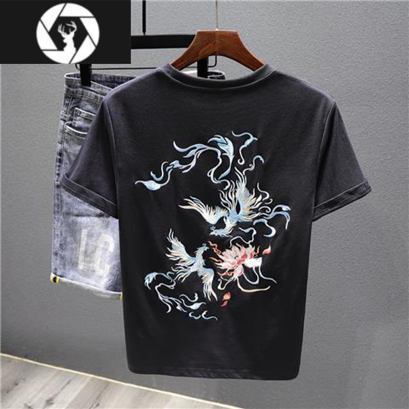 hongzun国潮中国风衣服刺绣t恤男夏季宽松大码短袖凤凰图案潮牌半袖