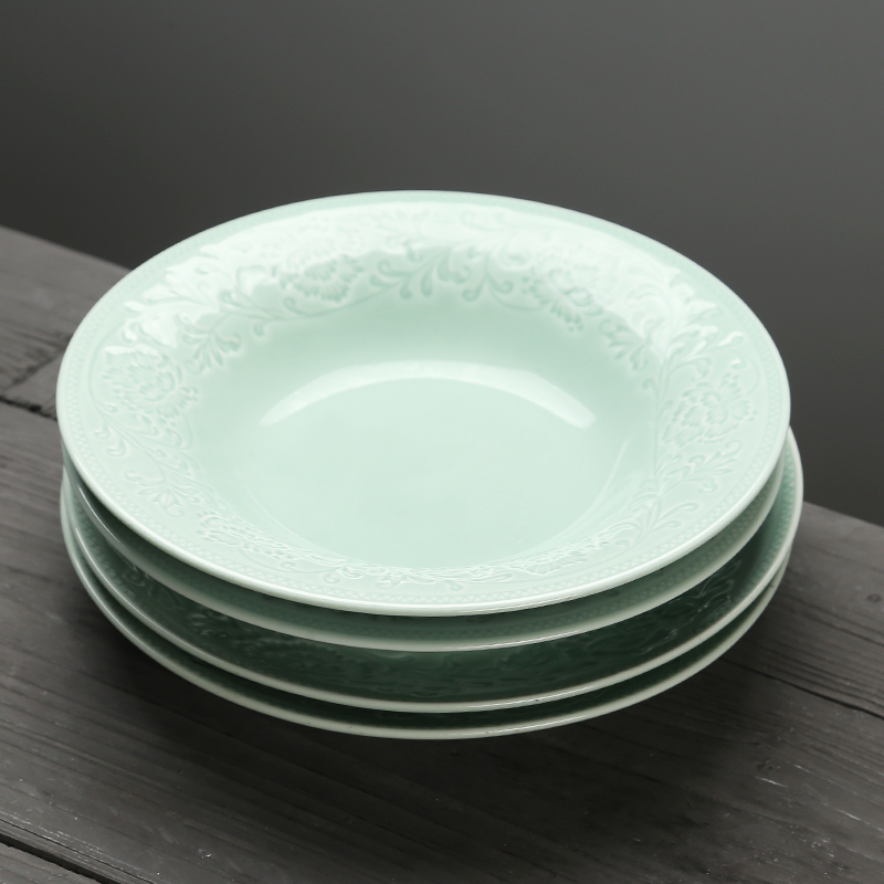 苏氏陶瓷 SUSHI CERAMICS 青瓷釉陶瓷盘花开富贵汤盘子4件套装餐具