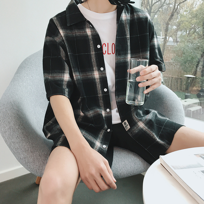 型师服装男士七分袖2018夏款韩版宽松衬衫帅气短袖寸衫中袖衬衣