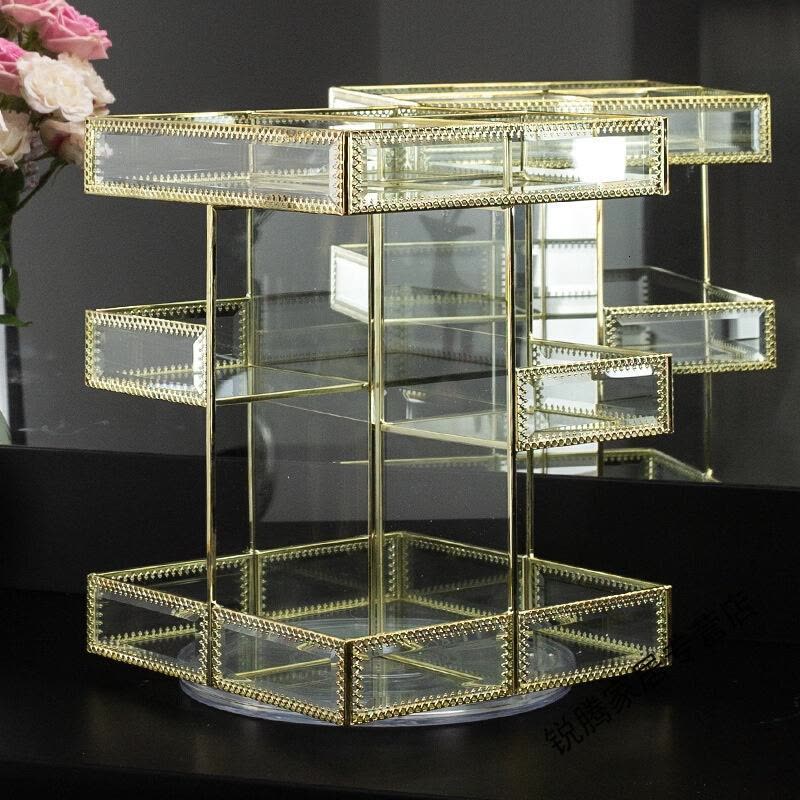 上新上新欧式旋转化妆品收纳盒ins透明玻璃桌面梳妆台护肤置物架 一件新 四边形旋转图片