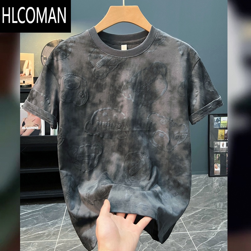 HLCOMAN大满花网红t恤男ins超火夏季新款体恤男短袖韩版潮流印花宽松上衣 灰色 M95-110斤