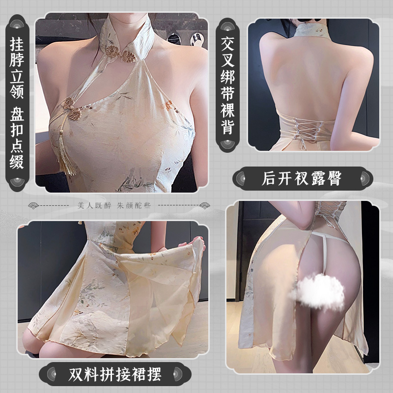 霏慕性感情趣内衣新中式A字露臀印花旗袍盘扣复古露背挂脖立领女式情趣睡衣6246高清大图